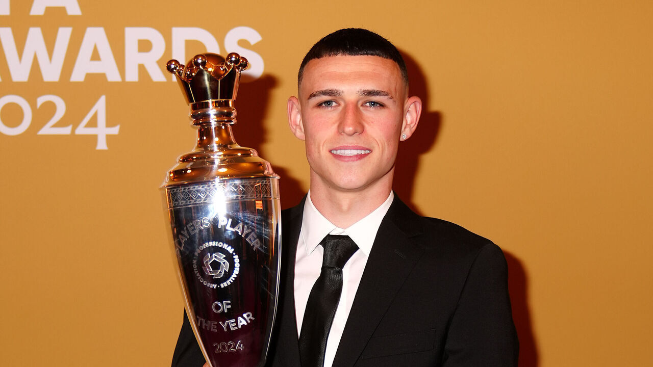 Phil Foden after winning the PFA Players' Player of the Year award during the 2024 PFA Awards at the Opera House Manchester. Picture date: Tuesday August 20, 2024.