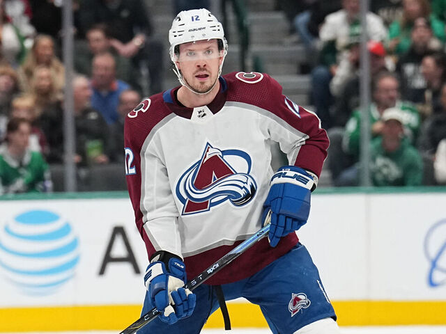 DALLAS, TX - JANUARY 4: Ryan Johansen #12 of the Colorado Avalanche skates against the Dallas Stars at the American Airlines Center on January 4, 2024 in Dallas, Texas.