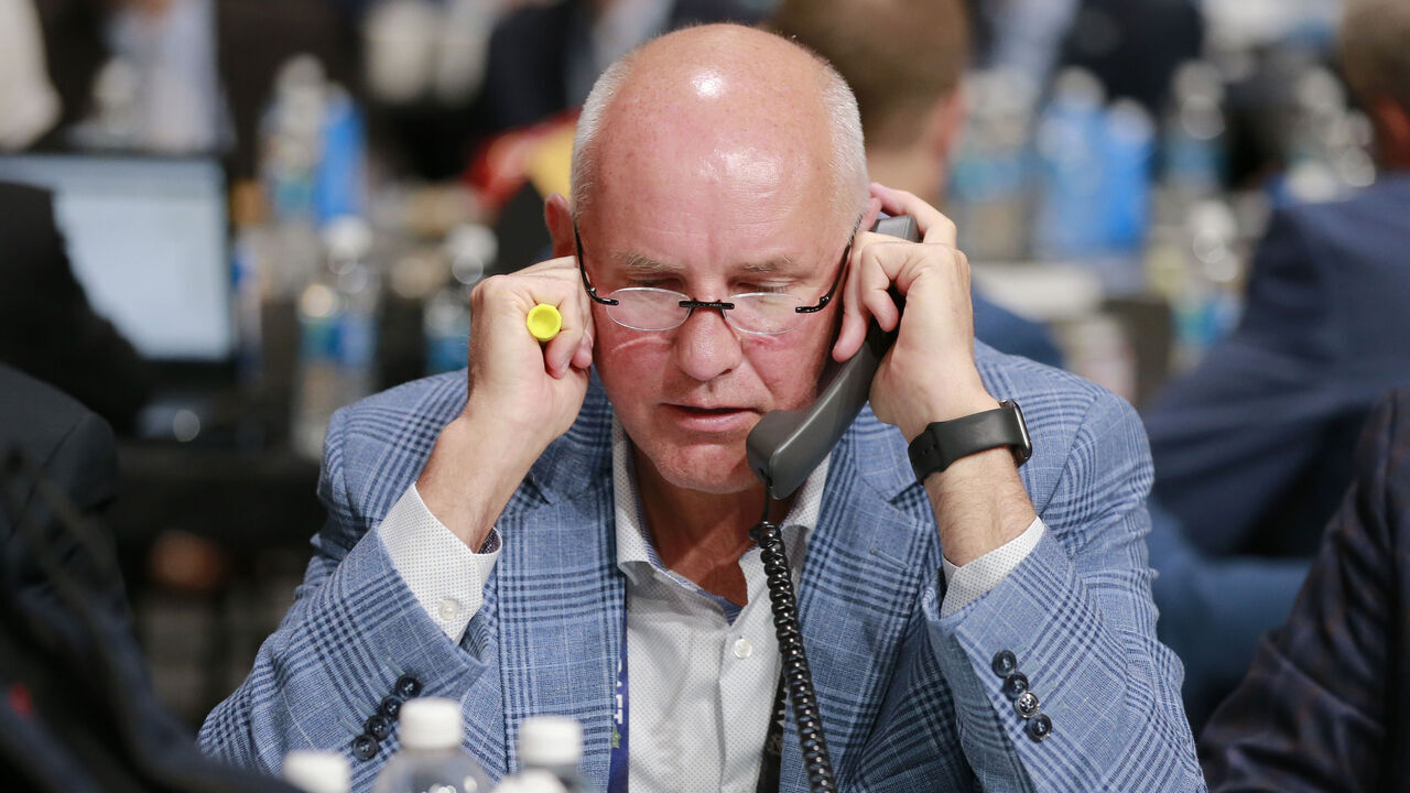 NASHVILLE, TENNESSEE - JUNE 29: General manager Doug Armstrong of the St. Louis Blues talks on his phone during the 2023 Upper Deck NHL Draft - Rounds 2-7 at Bridgestone Arena on June 29, 2023 in Nashville, Tennessee.