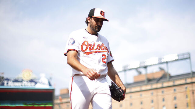 BALTIMORE, MD - JULY 29: Zach Eflin #24 of the Baltimore Orioles looks on during the game between the Toronto Blue Jays and the Baltimore Orioles at Oriole Park at Camden Yards on Monday, July 29, 2024 in Baltimore, Maryland.