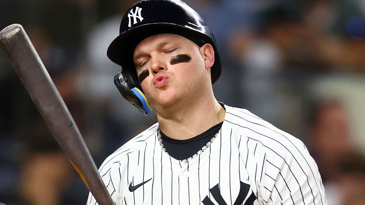 NEW YORK, NEW YORK - AUGUST 20: Alex Verdugo #24 of the New York Yankees reacts after striking out swinging in the eighth inning against the Cleveland Guardians at Yankee Stadium on August 20, 2024 in New York City.