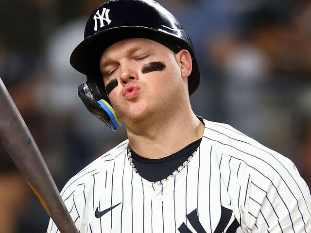 NEW YORK, NEW YORK - AUGUST 20: Alex Verdugo #24 of the New York Yankees reacts after striking out swinging in the eighth inning against the Cleveland Guardians at Yankee Stadium on August 20, 2024 in New York City.