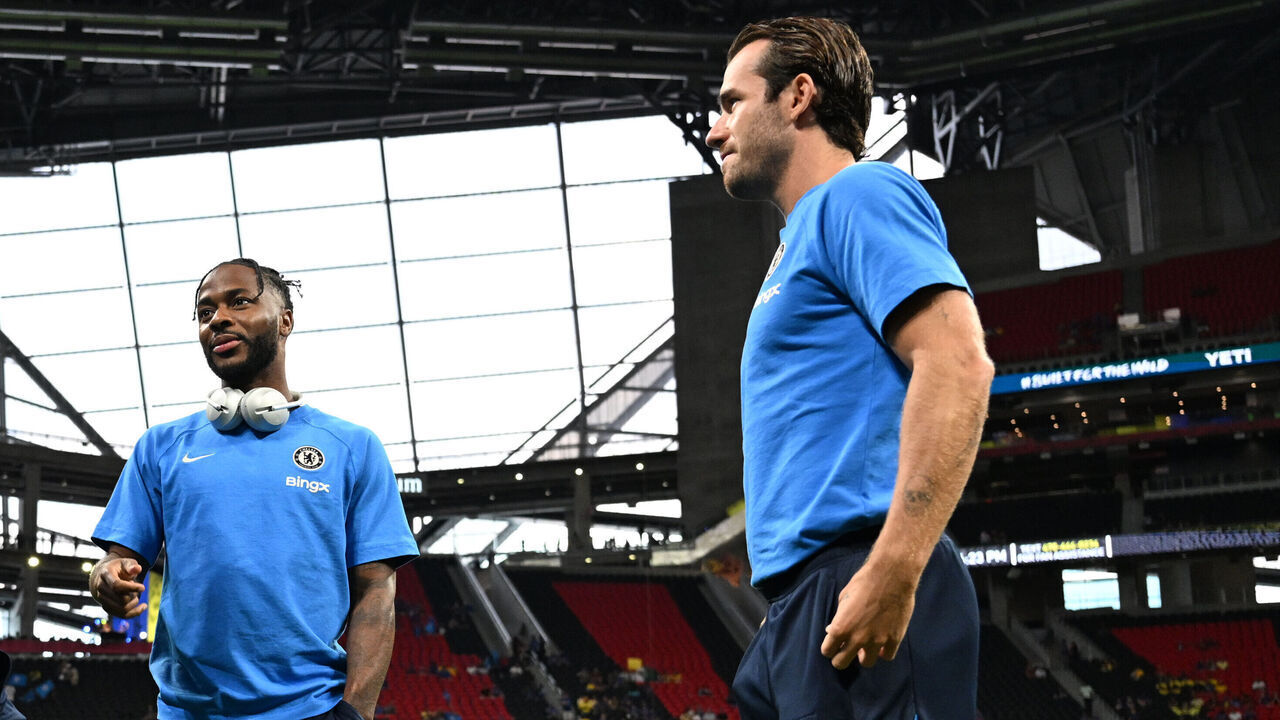 ATLANTA, GEORGIA - JULY 31: Kiernan Dewsbury-Hall, Raheem Sterling & Ben Chilwell of Chelsea look on prior to the Pre-Season Friendly match between Chelsea FC and Club America at Mercedes-Benz Stadium on July 31, 2024 in Atlanta, Georgia.