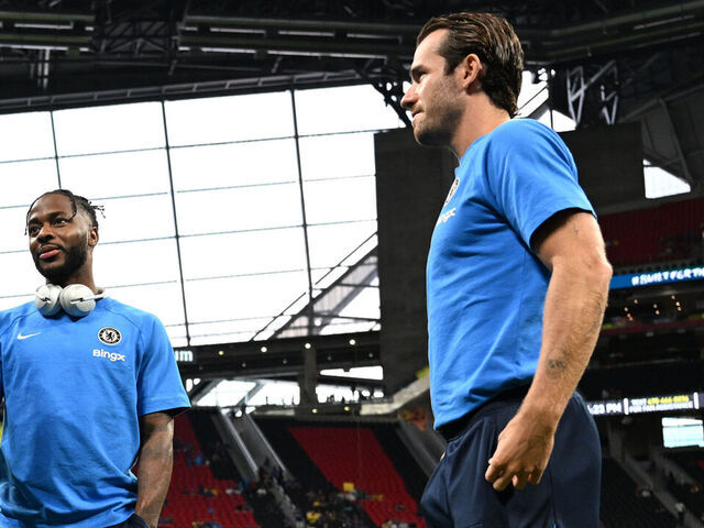 ATLANTA, GEORGIA - JULY 31: Kiernan Dewsbury-Hall, Raheem Sterling & Ben Chilwell of Chelsea look on prior to the Pre-Season Friendly match between Chelsea FC and Club America at Mercedes-Benz Stadium on July 31, 2024 in Atlanta, Georgia.