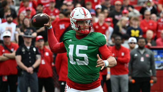 LINCOLN, NEBRASKA - APRIL 27: Dylan Raiola #15 of the Nebraska Cornhuskers attempts a pass at the Nebraska Spring Football Game at Memorial Stadium on April 27, 2024 in Lincoln, Nebraska.
