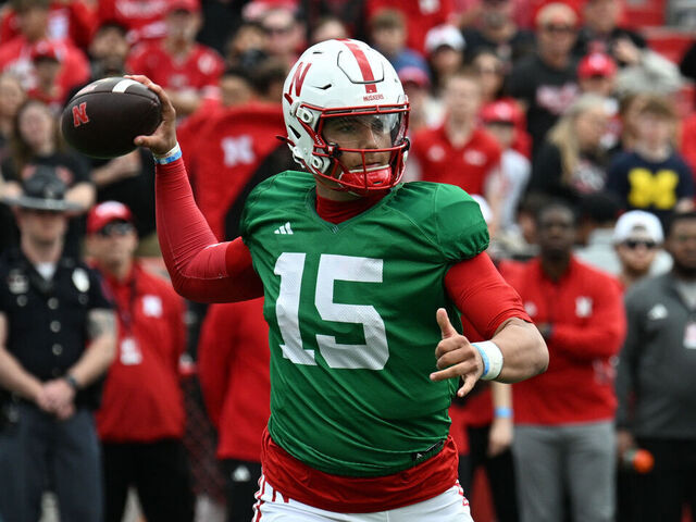 LINCOLN, NEBRASKA - APRIL 27: Dylan Raiola #15 of the Nebraska Cornhuskers attempts a pass at the Nebraska Spring Football Game at Memorial Stadium on April 27, 2024 in Lincoln, Nebraska.
