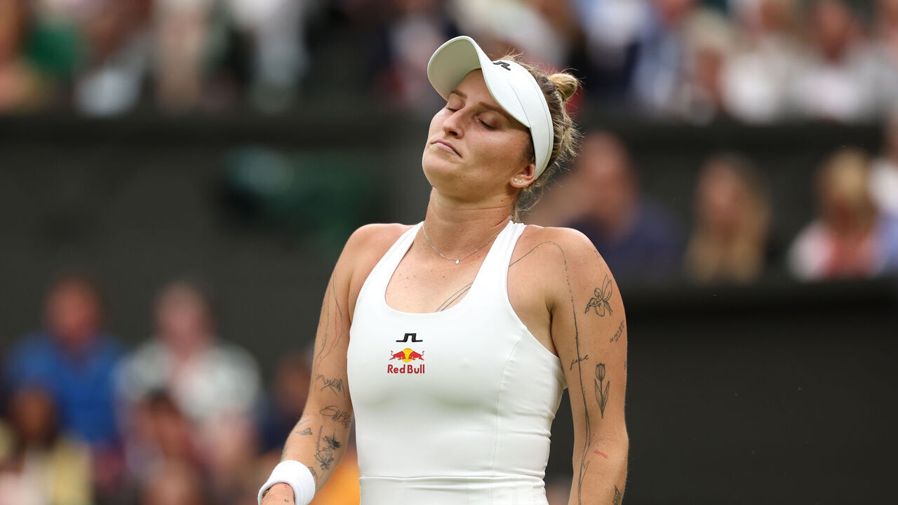 LONDON, ENGLAND - JULY 02: Marketa Vondrousova of Czech Republic reacts as she plays against Jessica Bouzas Maneiro of Spain in her Ladies' Singles first round match during day two of The Championships Wimbledon 2024 at All England Lawn Tennis and Croquet Club on July 02, 2024 in London, England.