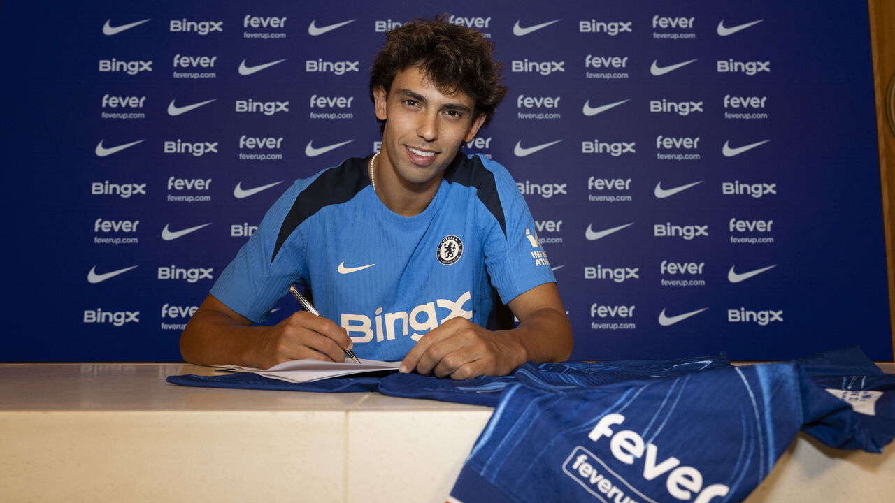 COBHAM, ENGLAND - AUGUST 20: Chelsea unveil new signing Joao Felix at Chelsea Training Ground on August 20, 2024 in Cobham, England.