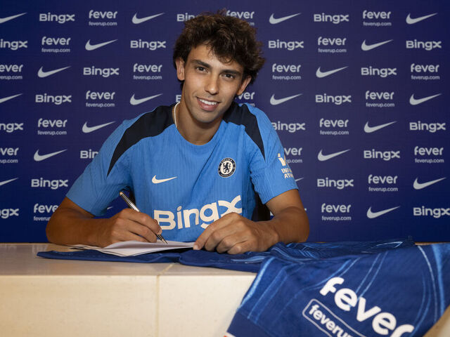 COBHAM, ENGLAND - AUGUST 20: Chelsea unveil new signing Joao Felix at Chelsea Training Ground on August 20, 2024 in Cobham, England.