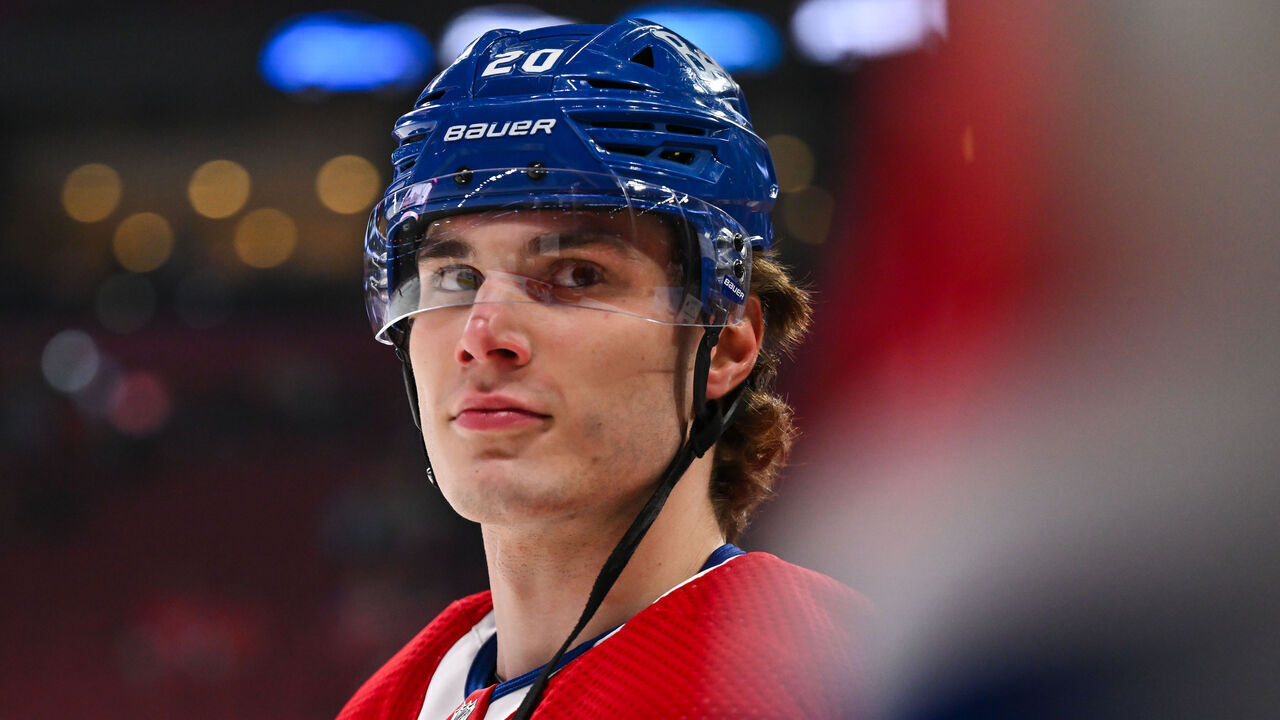 MONTREAL, CANADA - APRIL 16: Juraj Slafkovsky #20 of the Montreal Canadiens skates during warmups prior to the game against the Detroit Red Wings at the Bell Centre on April 16, 2024 in Montreal, Quebec, Canada. The Detroit Red Wings defeated the Montreal Canadiens 5-4 in a shootout.