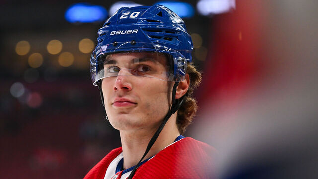 MONTREAL, CANADA - APRIL 16: Juraj Slafkovsky #20 of the Montreal Canadiens skates during warmups prior to the game against the Detroit Red Wings at the Bell Centre on April 16, 2024 in Montreal, Quebec, Canada. The Detroit Red Wings defeated the Montreal Canadiens 5-4 in a shootout.