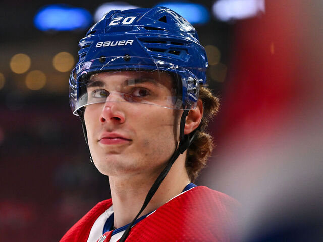 MONTREAL, CANADA - APRIL 16: Juraj Slafkovsky #20 of the Montreal Canadiens skates during warmups prior to the game against the Detroit Red Wings at the Bell Centre on April 16, 2024 in Montreal, Quebec, Canada. The Detroit Red Wings defeated the Montreal Canadiens 5-4 in a shootout.