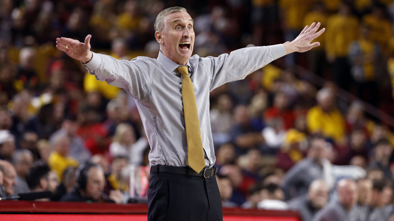TEMPE, ARIZONA - FEBRUARY 28: Head coach Bobby Hurley of the Arizona State Sun Devils gestures during the game against the Arizona Wildcats at Desert Financial Arena on February 28, 2024 in Tempe, Arizona. The Wildcats defeated the Sun Devils 85-67.