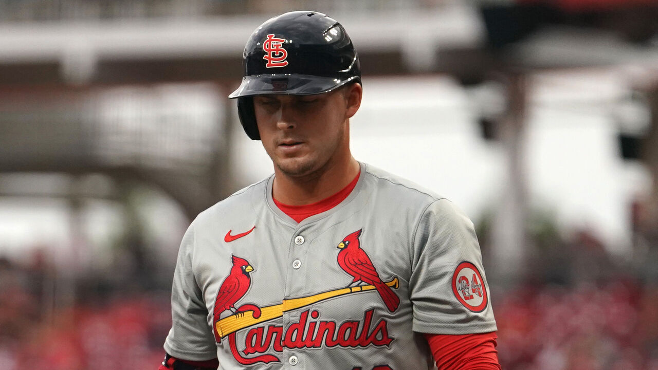 CINCINNATI, OHIO - AUGUST 13: Nolan Gorman #16 of the St. Louis Cardinals walks back to the dugout during the game against the Cincinnati Reds at Great American Ball Park on August 13, 2024 in Cincinnati, Ohio.