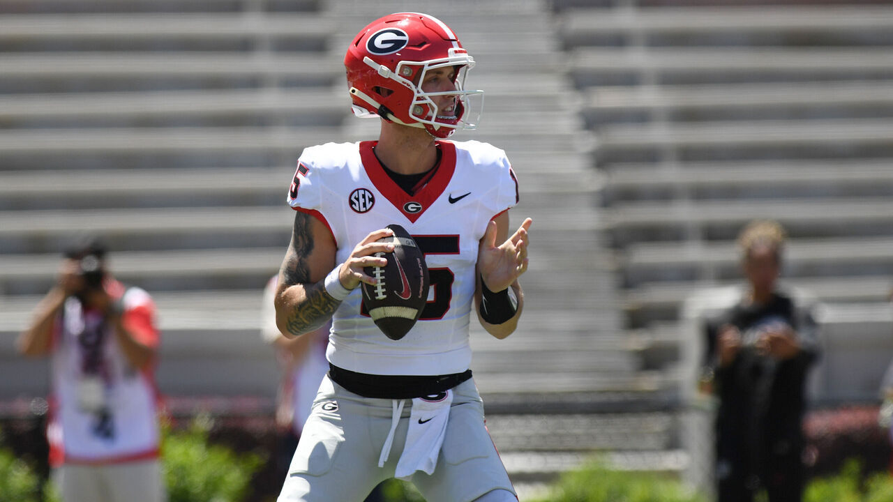 Athens, GA - APRIL 13: Georgia Bulldogs Quarterback Carson Beck (15) looks down field during the G-Day Red and Black Spring Game on April 13, 2024, Sanford Stadium in Athens, GA.
