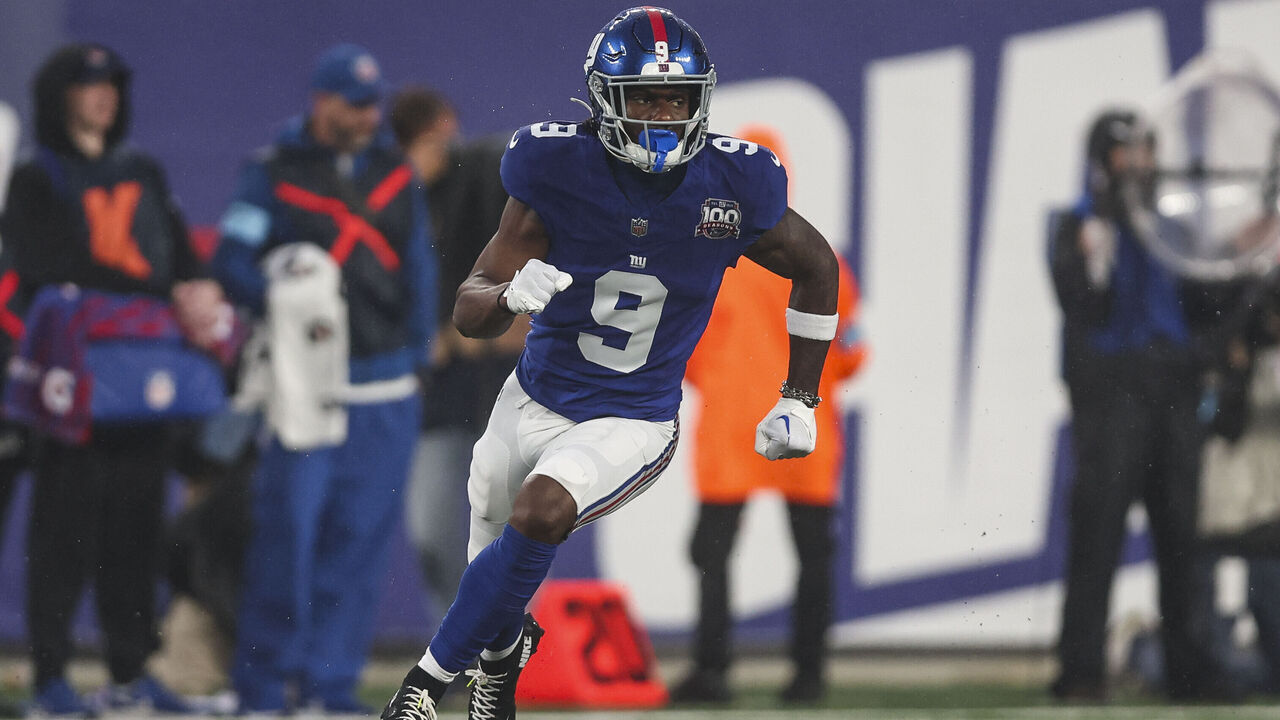 EAST RUTHERFORD, NJ - AUGUST 08: Malik Nabers #9 of the New York Giants runs a route during an NFL football game against the Detroit Lions at MetLife Stadium on August 8, 2024 in East Rutherford, NJ.