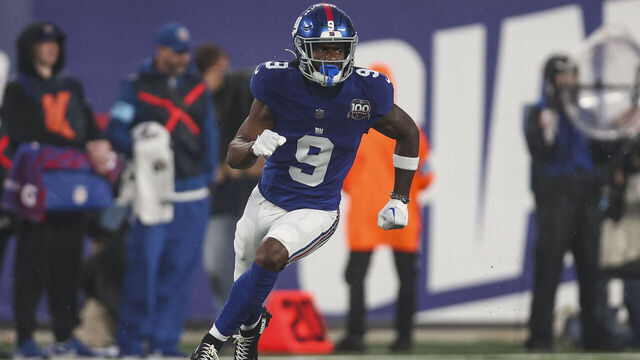 EAST RUTHERFORD, NJ - AUGUST 08: Malik Nabers #9 of the New York Giants runs a route during an NFL football game against the Detroit Lions at MetLife Stadium on August 8, 2024 in East Rutherford, NJ.