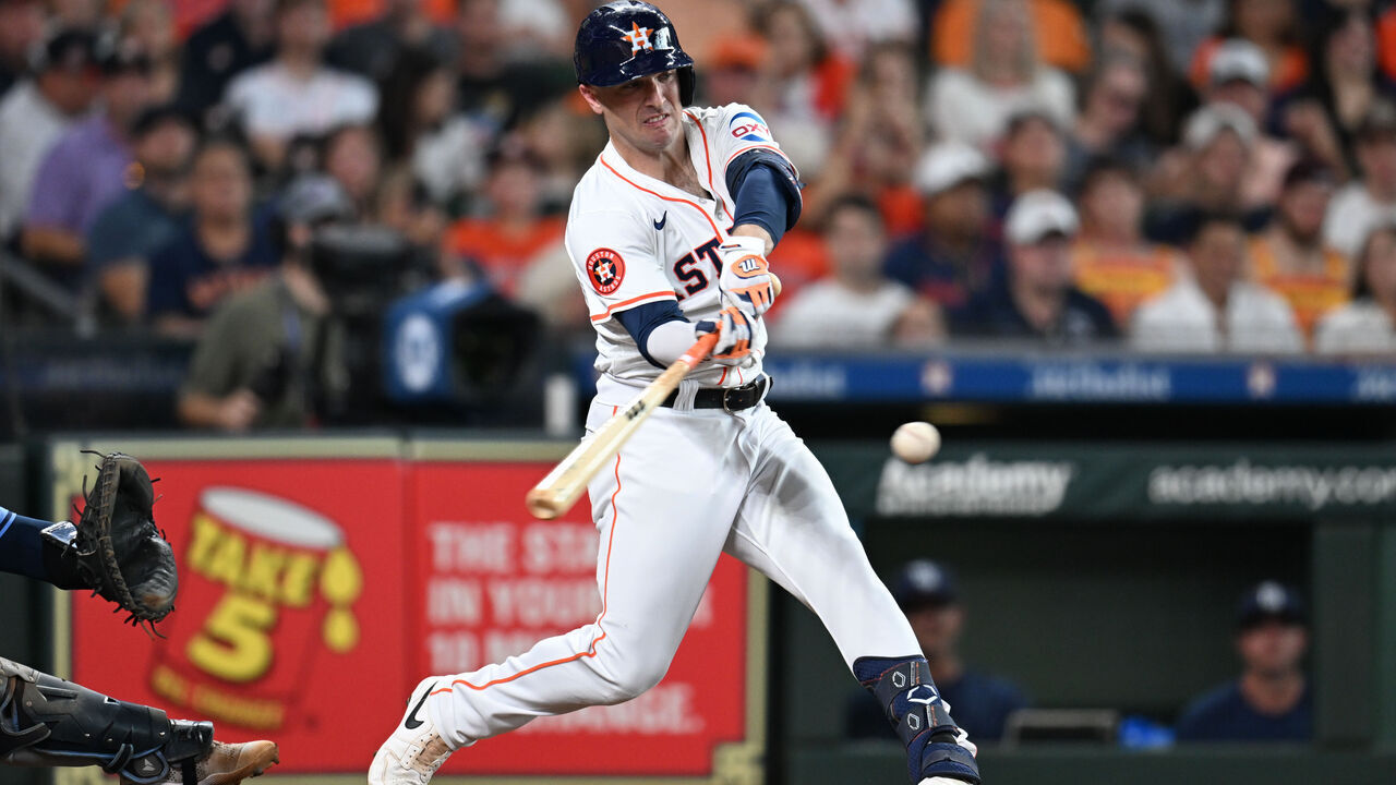 HOUSTON, TEXAS - AUGUST 3: Alex Bregman #2 of the Houston Astros bats against the Tampa Bay Rays at Minute Maid Park on August 3, 2024 in Houston, Texas.