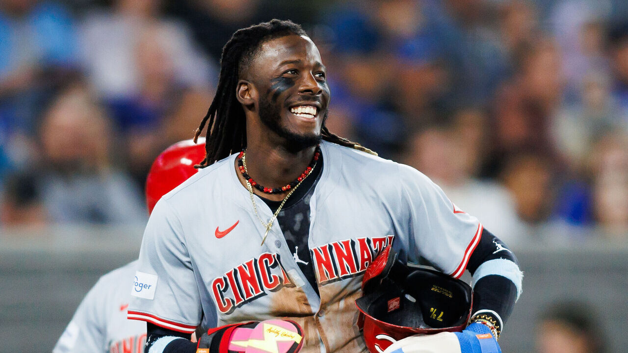 TORONTO, CANADA - AUGUST 21: Elly De La Cruz #44 of the Cincinnati Reds celebrates scoring against the Toronto Blue Jays on a fielder's choice off the bat of Tyler Stephenson in the fifth inning at Rogers Centre on August 21, 2024 in Toronto, Ontario, Canada.