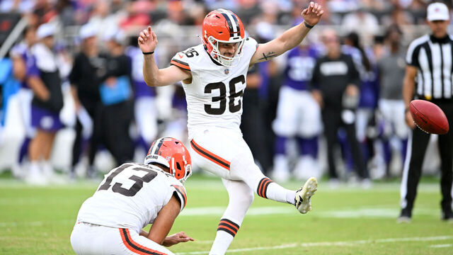 CLEVELAND, OHIO - AUGUST 17: Cade York #36 of the Cleveland Browns kicks a 33-yard field goal during the second half of a preseason game against the Minnesota Vikings at Cleveland Browns Stadium on August 17, 2024 in Cleveland, Ohio.