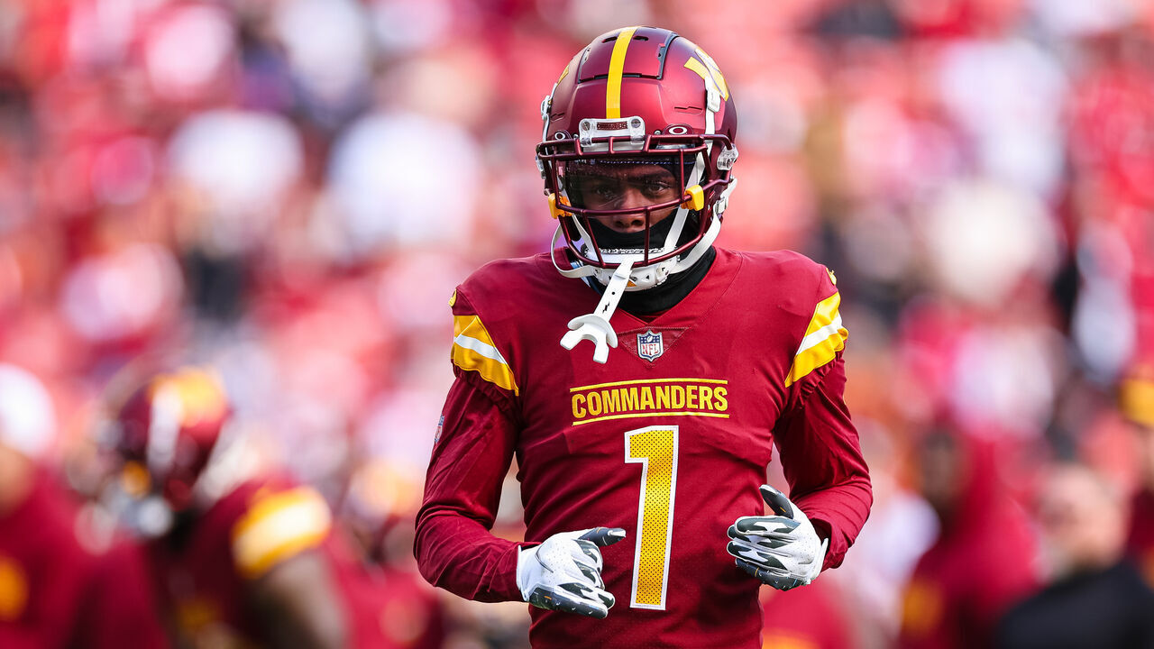 LANDOVER, MD - DECEMBER 31: Jahan Dotson #1 of the Washington Commanders warms up before the game against the San Francisco 49ers at FedExField on December 31, 2023 in Landover, Maryland.