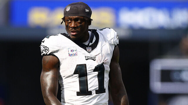 INGLEWOOD, CALIFORNIA - OCTOBER 08: A.J. Brown #11 of the Philadelphia Eagles at SoFi Stadium on October 08, 2023 in Inglewood, California.