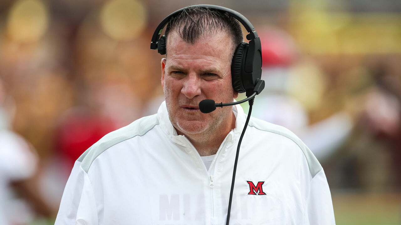 MINNEAPOLIS, MN - SEPTEMBER 11: Dead coach Chuck Martin of the Miami (Oh) Redhawks looks on before the start of the third quarter of the game against the Minnesota Golden Gophers at Huntington Bank Stadium on September 11, 2021 in Minneapolis, Minnesota. The Gophers defeated the Redhawks 31-26.