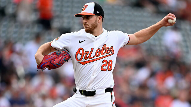 BALTIMORE, MARYLAND - AUGUST 13: Trevor Rogers #28 of the Baltimore Orioles pitches in the first inning against the Washington Nationals at Oriole Park at Camden Yards on August 13, 2024 in Baltimore, Maryland.