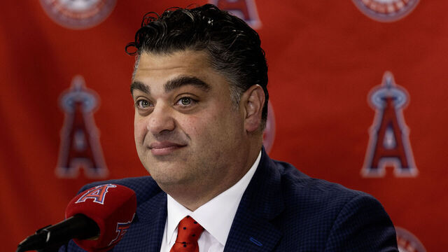 Anaheim, CA - November 15: Angeles general manager Perry Minasian listens to a reporter's question after introducing Angels new manager Ron Washington during his introduction news conference at Angel Stadium in Anaheim Wednesday, Nov. 15, 2023. (Allen J. Schaben / Los Angeles Times via Getty Images)
