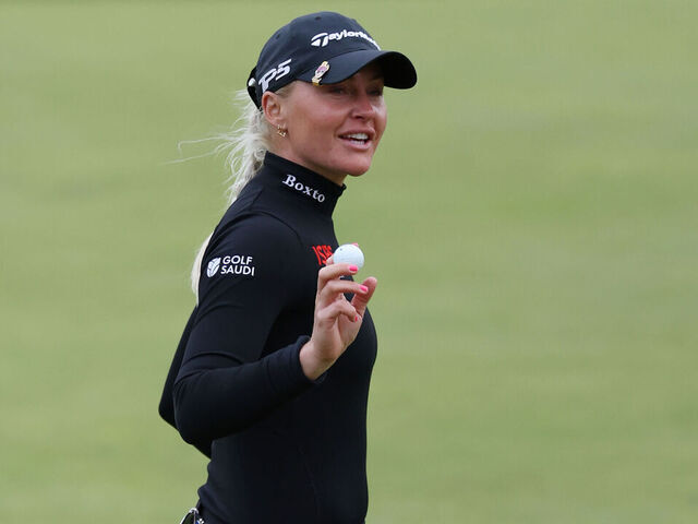ST ANDREWS, SCOTLAND - AUGUST 22: Charley Hull of England reacts to her birdie on the 18th green during Day One of the AIG Women's Open at St Andrews Old Course on August 22, 2024 in St Andrews, Scotland.