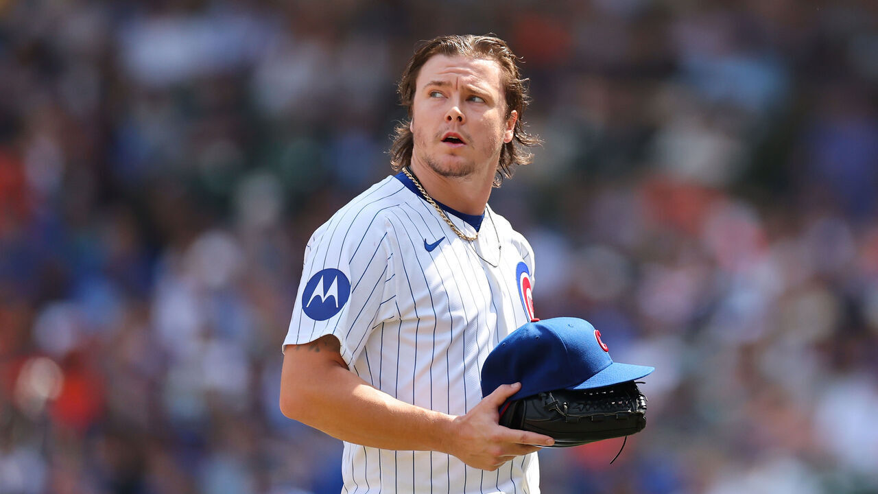 CHICAGO, ILLINOIS - AUGUST 22: Justin Steele #35 of the Chicago Cubs walks to the dugout during the fourth inning against the Detroit Tigers at Wrigley Field on August 22, 2024 in Chicago, Illinois.