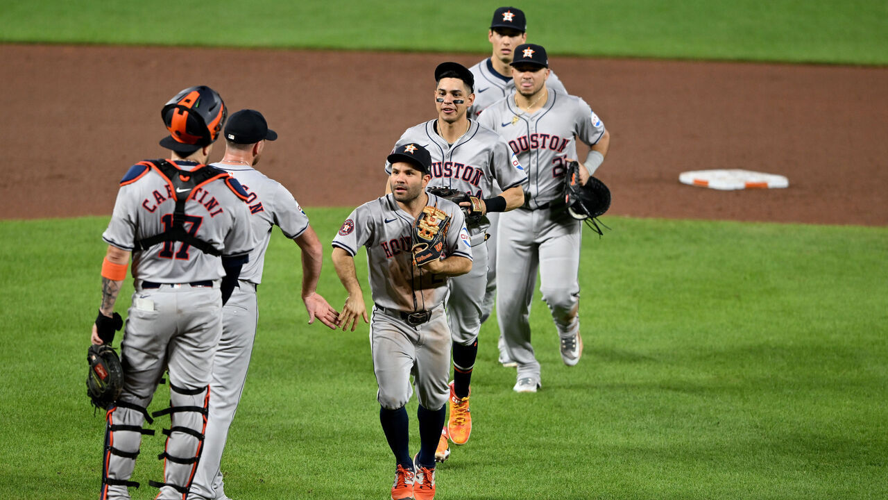 BALTIMORE, MARYLAND - AUGUST 22: The Houston Astros celebrate after a 6-0 victory against the Baltimore Orioles at Oriole Park at Camden Yards on August 22, 2024 in Baltimore, Maryland.