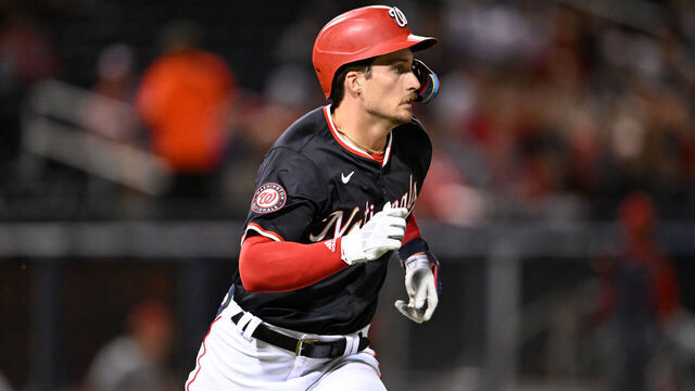 WEST PALM BEACH, FLORIDA - MARCH 20, 2024: Dylan Crews #3 of the Washington Nationals runs out a fly ball during the seventh inning of a spring training game against the St. Louis Cardinals at CACTI Park of the Palm Beaches on March 20, 2024 in West Palm Beach, Florida.