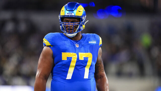 INGLEWOOD, CA - DECEMBER 21: Alaric Jackson #77 of the Los Angeles Rams lines up during an NFL football game against the New Orleans Saints at SoFi Stadium on December 21, 2023 in Inglewood, California.
