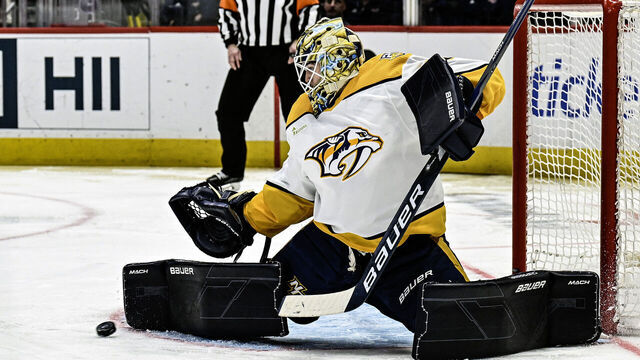 WASHINGTON, DC - DECEMBER 30: Nashville Predators goaltender Yaroslav Askarov (30) makes a save during the Nashville Predators game versus the Washington Capitals on December 30, 2023 at the Capital One Arena in Washington, D.C.