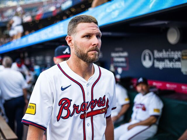 ATLANTA, GA - JUlLY 03: Chris Sale #51 of the Atlanta Braves walks in the dugout before the game against the San Francisco Giants at Truist Park on July 3, 2024 in Atlanta, Georgia.