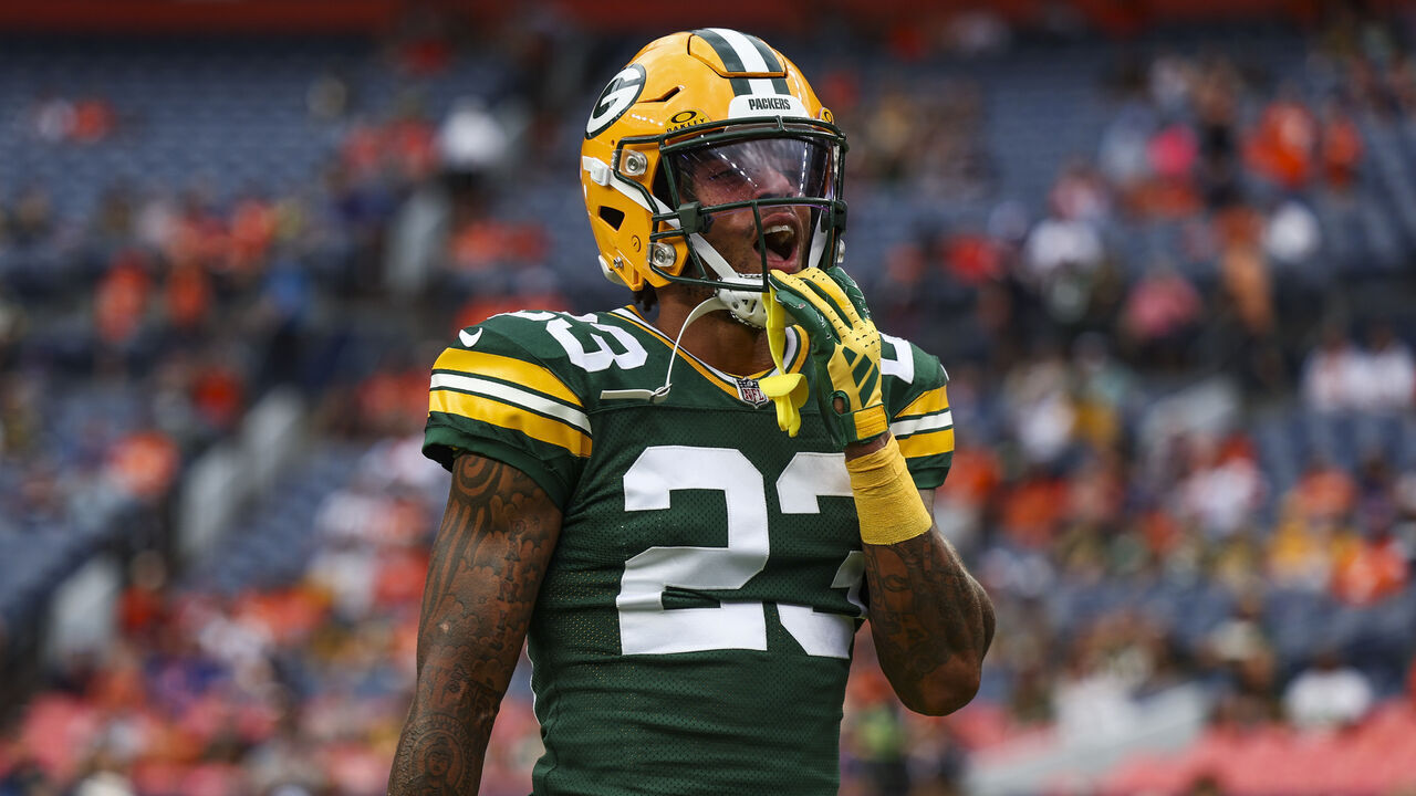 DENVER, CO - AUGUST 18: Jaire Alexander #23 of the Green Bay Packers warms up prior to an NFL football game against the Denver Broncos at Empower Field at Mile High on August 18, 2024 in Denver, CO.