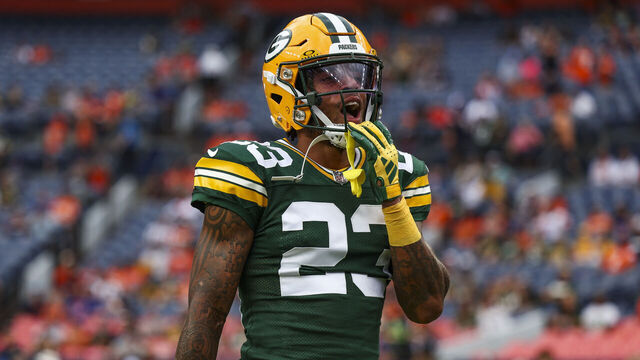DENVER, CO - AUGUST 18: Jaire Alexander #23 of the Green Bay Packers warms up prior to an NFL football game against the Denver Broncos at Empower Field at Mile High on August 18, 2024 in Denver, CO.