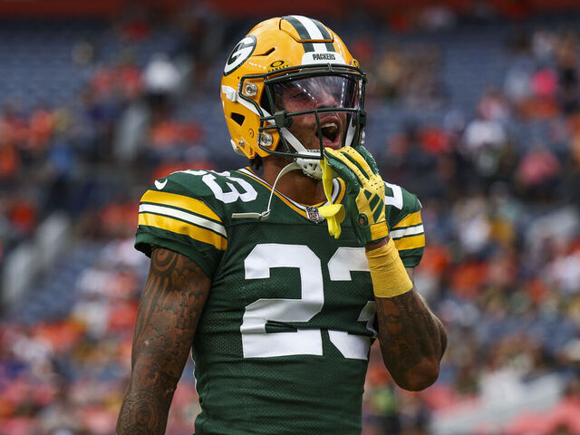 DENVER, CO - AUGUST 18: Jaire Alexander #23 of the Green Bay Packers warms up prior to an NFL football game against the Denver Broncos at Empower Field at Mile High on August 18, 2024 in Denver, CO.