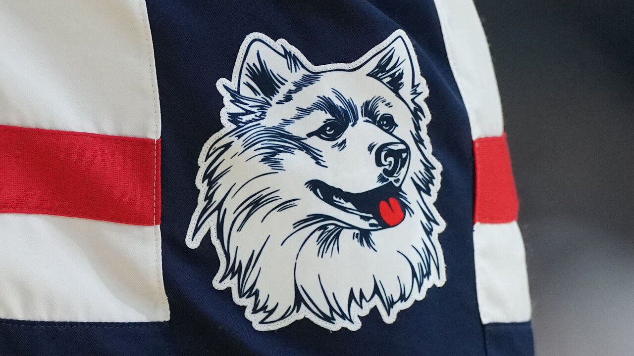 GLENDALE, ARIZONA - APRIL 06: The Connecticut Huskies logo shown on a pair of shorts during the NCAA Mens Basketball Tournament Final Four semifinal game against the Alabama Crimson Tide at State Farm Stadium on April 06, 2024 in Glendale, Arizona.