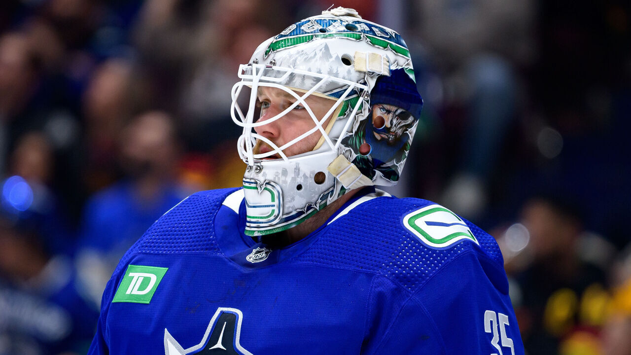 VANCOUVER, CANADA - APRIL 21: Thatcher Demko #35 of the Vancouver Canucks looks on during the first period in Game One of the First Round of the 2024 Stanley Cup Playoffs against the Nashville Predators at Rogers Arena on April 21, 2024 in Vancouver, British Columbia, Canada.