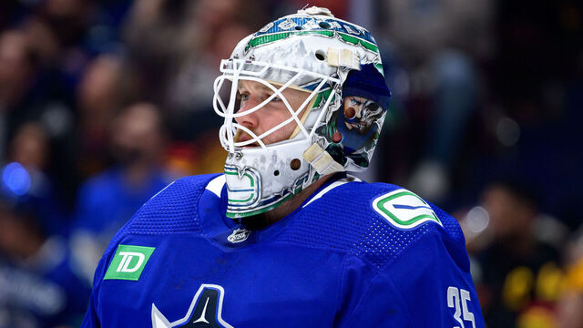 VANCOUVER, CANADA - APRIL 21: Thatcher Demko #35 of the Vancouver Canucks looks on during the first period in Game One of the First Round of the 2024 Stanley Cup Playoffs against the Nashville Predators at Rogers Arena on April 21, 2024 in Vancouver, British Columbia, Canada.