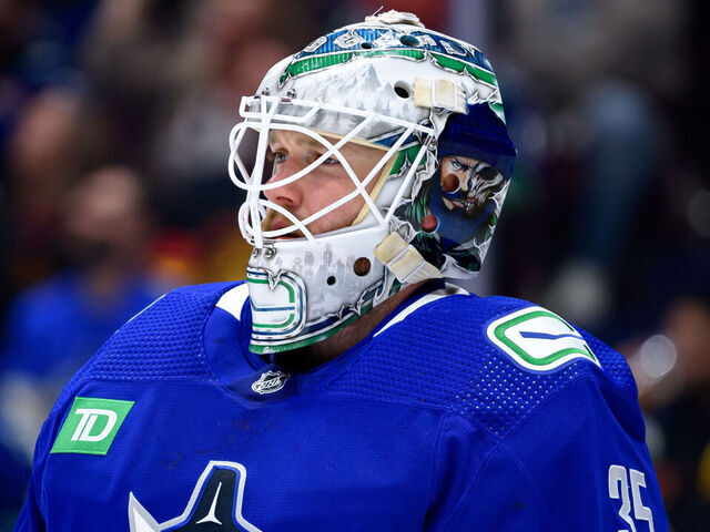VANCOUVER, CANADA - APRIL 21: Thatcher Demko #35 of the Vancouver Canucks looks on during the first period in Game One of the First Round of the 2024 Stanley Cup Playoffs against the Nashville Predators at Rogers Arena on April 21, 2024 in Vancouver, British Columbia, Canada.