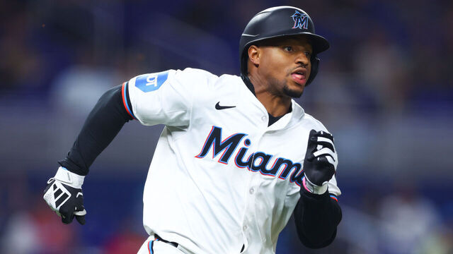 MIAMI, FLORIDA - AUGUST 21: Xavier Edwards #63 of the Miami Marlins runs the bases against the Arizona Diamondbacks during the fourth inning of the game at loanDepot park on August 21, 2024 in Miami, Florida.