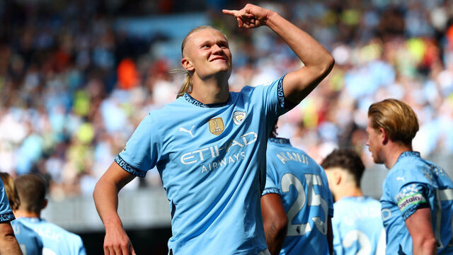 MANCHESTER, ENGLAND - AUGUST 24: Erling Haaland of Manchester City celebrates scoring his side's third goal during the Premier League match between Manchester City FC and Ipswich Town FC at Etihad Stadium on August 24, 2024 in Manchester, England.