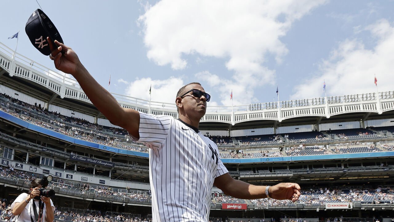 NEW YORK, NEW YORK - AUGUST 24: Former New York Yankee Alex Rodriguez is introduced during the teams Old Timer's Day prior to a game against the Colorado Rockies at Yankee Stadium on August 24, 2024 in New York City.