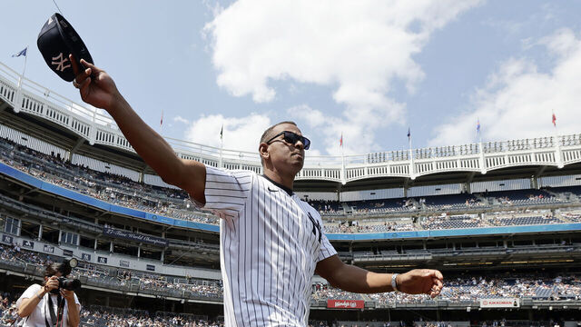 NEW YORK, NEW YORK - AUGUST 24: Former New York Yankee Alex Rodriguez is introduced during the teams Old Timer's Day prior to a game against the Colorado Rockies at Yankee Stadium on August 24, 2024 in New York City.