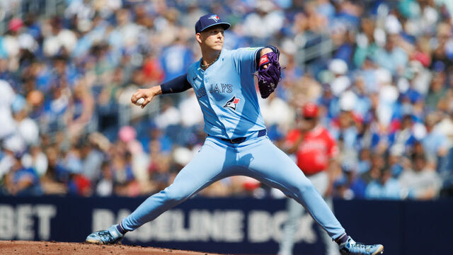 TORONTO, CANADA - AUGUST 24: Bowden Francis #44 of the Toronto Blue Jays pitches in the first inning of their MLB game against the Los Angeles Angels at Rogers Centre on August 24, 2024 in Toronto, Ontario, Canada.