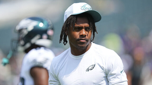 PHILADELPHIA, PENNSYLVANIA - AUGUST 24: Jahan Dotson #87 of the Philadelphia Eagles looks on prior to the preseason game against the Minnesota Vikings at Lincoln Financial Field on August 24, 2024 in Philadelphia, Pennsylvania.