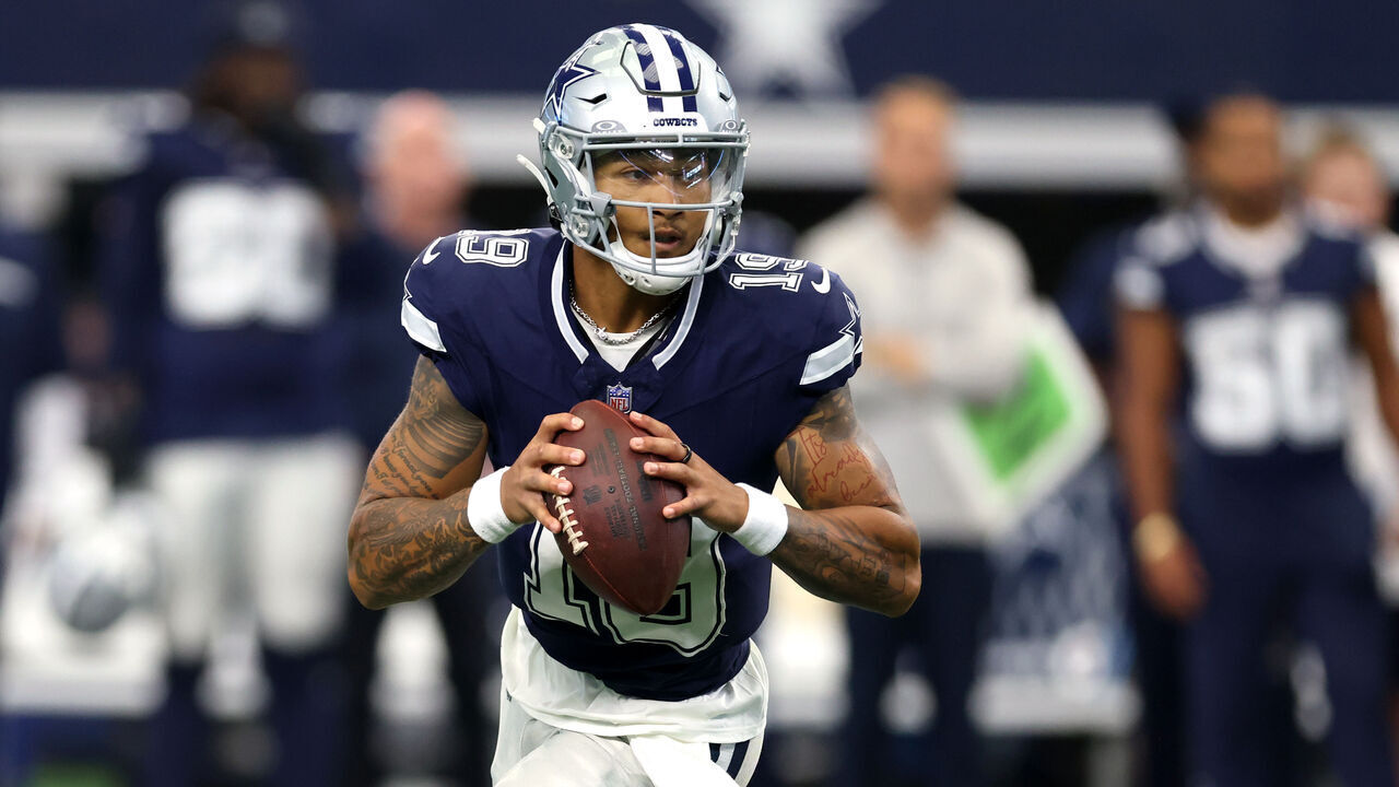 ARLINGTON, TX - AUGUST 24: Trey Lance #19 of the Dallas Cowboys looks to throw against the Los Angeles Chargers during the first half of a preseason game at AT&T Stadium on August 24, 2024 in Arlington, Texas.